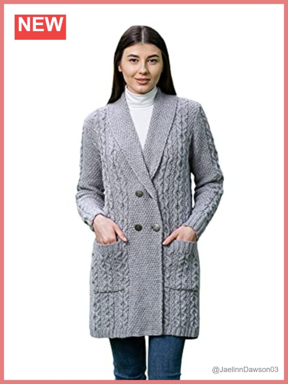 SAOL 100% Merino Wool Shawl Collar Cardigan Coat Pockets Irish